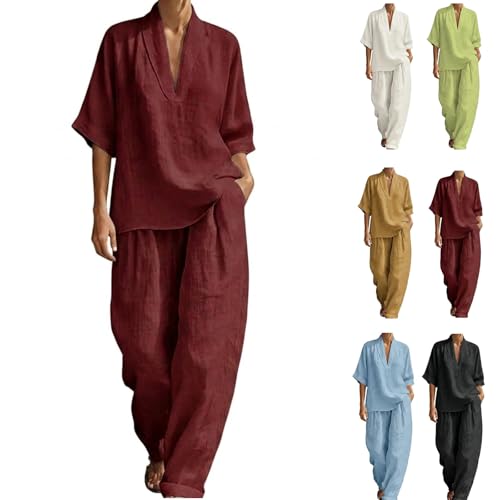 2026 New Women's Casual Cozy Minimalist Linen 2 Piece Set Top and Pants Summer Travel Vacation Outfits (Wine Red,m)