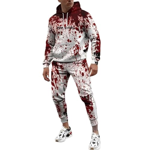 Halloween kostüm Herren gruselig, Halloween Kostüm Herren Horror Pullover + Blutige Hose Problem Gelöst Outfit Casual Jogginganzug Lustige Hoodie Scary Kostüme Blut-Splash Sportanzug Costume Men