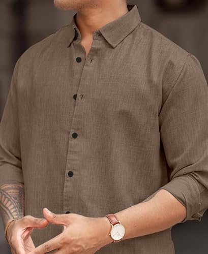 Image of Men's Solid Linen Blend Cotton Shirt | Full Sleeve Plain Shirt for Men | Regular Fit Casual & Formal Wear