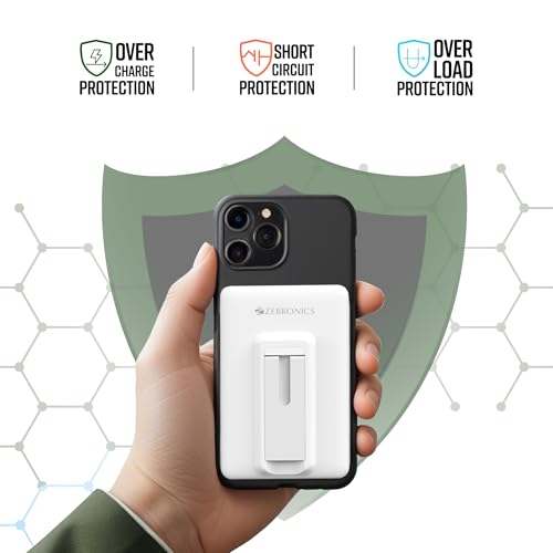 Image of ZEBRONICS MW70 Wireless Power Bank, 10000 mAh, Rapid Charge, Magsafe Compatible, Outputs - 22.5W Wired | 15W Wireless, Type C PD Input & Output, USB Output, Built in Stand, Made in India (White)
