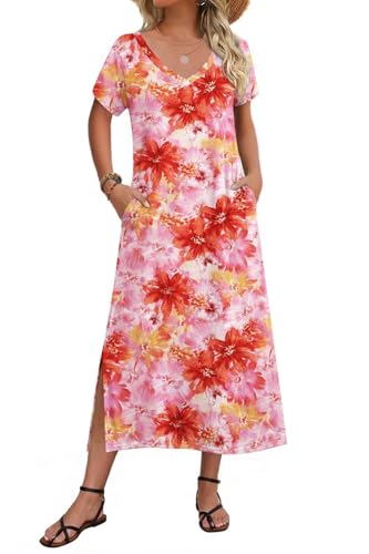 Image of Zeagoo Women Summer Floral Dress Short Sleeve Beach Dress with Pockets Casual V-Neck Split Long T-Shirt Dress Travel Vacation