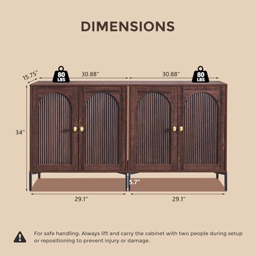 Modern Buffet Cabinet with Storage, 61.75" W Fluted Arched Sideboard Cabinet w/Adjustable Shelves, Wooden Modular Coffee Bar for Dining Room, Kitchen, Living Room, Entryway, Brown