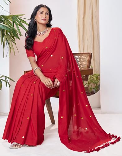 Image of SIRIL Women's Cotton Linen Sequence Saree With Unstitched Blouse Piece