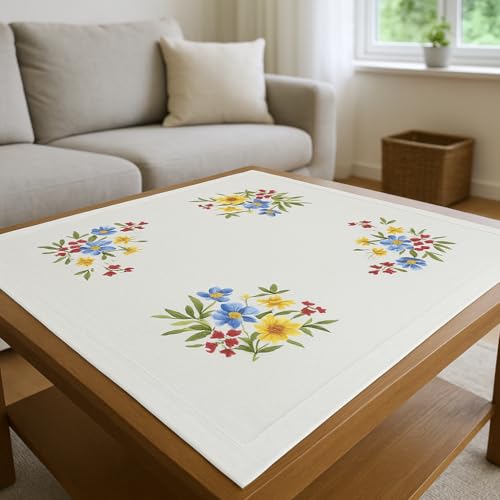 Kit broderie nappe pré-imprimée fleurs avec fil à broder et instructions