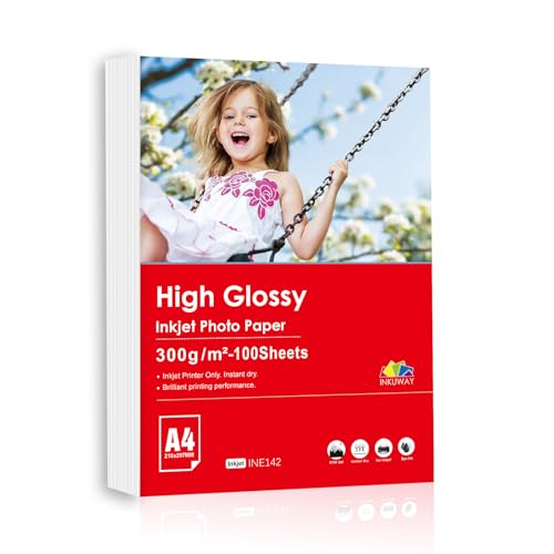 Inkuway A4 300gsm Papel Fotográfico para Inyección de Tinta Grueso, 100 Hojas, Superficie Brillante para Impresión de Obras de Fotografías, Tarjetas de Felicitación y Postales