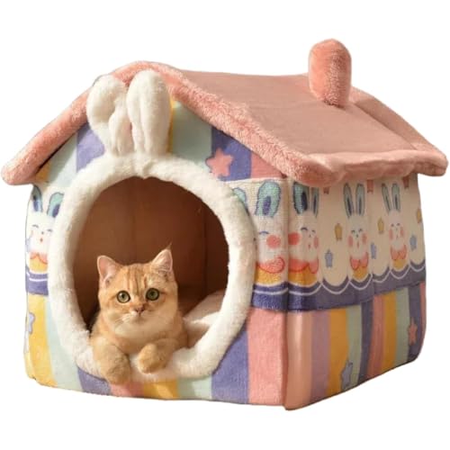 TOOWOO防寒ふわふわの犬用ベッド、室内猫用ベッド、暖かいベッド、洗える、かわいい猫用ベッド、小動物用ハウス、秋冬用暖かい猫用マット、室内犬用ハウス (L:60*49*44cm,レインボーバニー)