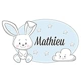 Sticker De Porte Personnalisable Avec Le Prénom de Votre Enfant - Doudou Lapin Bleu - Dimensions 35 x 20 cm - Adhésif