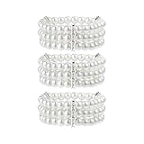 louuuou 3 Pcs Pearl Bracelets for Women, 3 Rows Pearls Jewellery Prom Bracelet Elastic, White Bridesmaid Beaded Jewellery, Party Birthday Gifts Daily Wear