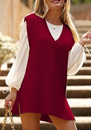 Deep Self V Neck Sweater Vest Oversized Sleeveless Sweater Pullover Fall Knitted Tops For Women Red #TOP1