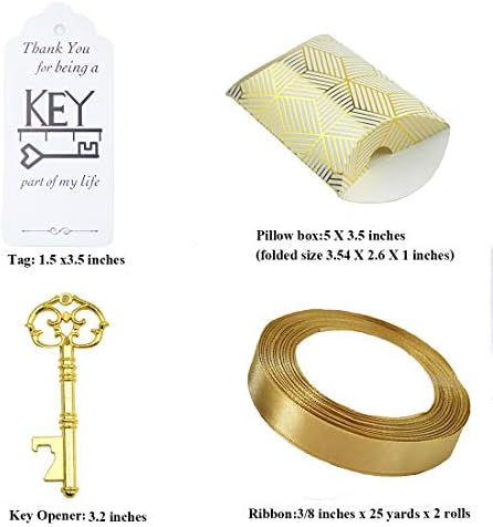 Makhry 50pcs Wedding Favor Souvenir Gift Set Pillow Candy Box Vintage Skeleton Key Bottle Openers Escort Thank You Tag French Ribbon (Gold B)