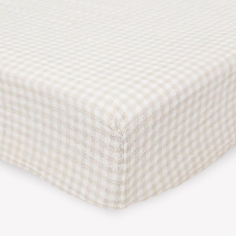Image of Little Unicorn Premium Stretch Knit Crib Sheet |Super Soft with Optimal Stretch (Tan Gingham)