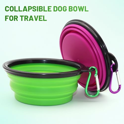 Image of Collapsible Dog Bowl, 2 Pack Collapsible Dog Water Bowls for Cats Dogs, Portable Pet Feeding Watering Dish for Walking Parking Traveling with 2 Carabiners (Small, Green+Purple)