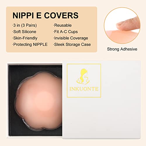 Inkuonte Nipple Cover 3 Pairs For Women-100% Silicone Nipple Covers Reusable-Nipple Pasties With Travel Box (Fits A~C Cup, Lifting Flower) Pink #TOP3