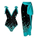 ZDRZK one Piece Swimsuit Women Tummy Control Sexy Sparkly One Piece Swimsuit with Beach Coverups Cute Printed Push Up Bikini Set Two Piece Wrap Skirt Bathing Suit Green M