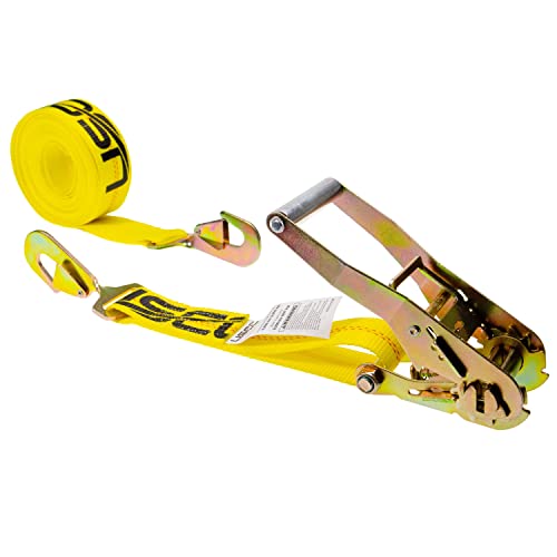 US Cargo Control 2 pulgadas x 20 pies amarillo trinquete amarre correa con mango largo ancho y ganchos planos torcidos Cover