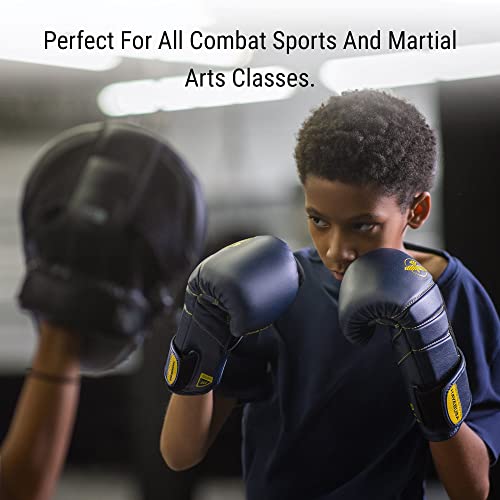 Hayabusa T3 Boxing Gloves For Kids And Teens Wrist And Knuckle Protection, Dual-X Hook And Loop Closure, Splinted Wrist Support, 5 Layer Foam Knuckle Padding - Navy/Yellow, 8Oz #TOP5