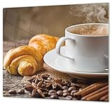 Herdabdeckplatte Schneidebrett Spritzschutz aus Glas Universal 1-Teilig | 60x52 cm Kochfeldabdeckung Induktion Deko Croissant und Kaffeetasse
