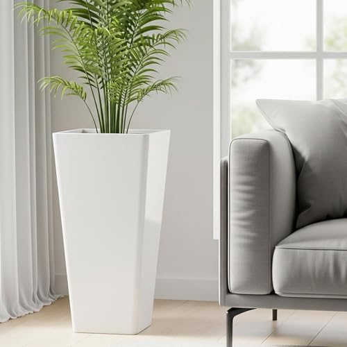 KOL Large 71.5CM.Tall Planters Set of 2 for Indoor and Outdoor, Modern Taper Flower Plant Pots with Drainage Hole and Dual-Purpose Tray for Front Porch, Patio (White)