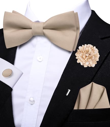 Image of Hi-Tie Bow Ties for Men Pre-Tied Pocket Square with Cufflinks Mens Bowtie Sets for Wedding Formal Party