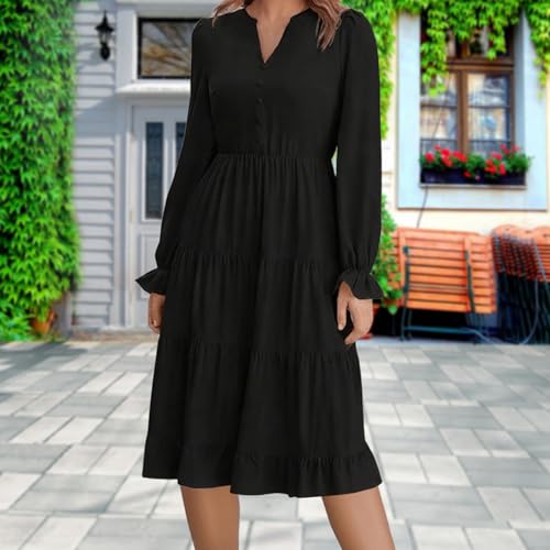 Borniu Women\'s Casual V Neck Long Sleeve Smocked High Waist Ruffle A Line Tiered Mini Dress Elegant Pleated Dresses Black