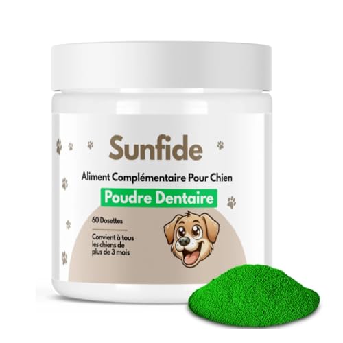 SUNFIDE - Poudre Dentaire pour Chien - Ultra Efficace - Favorise une Haleine Fraîche, des Dents propres et des Gencives Saines - Algues brunes et Probiotiques (1 Boîte (60 Dosettes - Doseur Inclus))