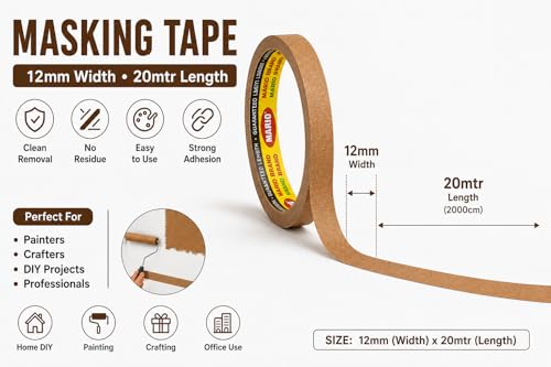 Image of Mario Brown Masking Tape - 20 Meter Length, 12mm Width - Strong Adhesive Tape for Painting, Repair & DIY Work - Residue Free - Pack of 6 Rolls