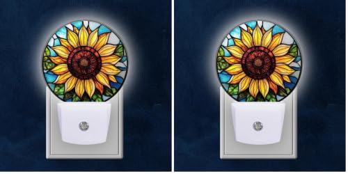 Image of Round LED Night Lights Lamp with Dusk to Dawn Sensor, Yellow Sunflower in The Center Night Light Plug Into Wall for Kids Room, Bedroom, Bathroom, Kitchen, Hallway (Pack of 2)