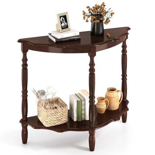 GOFLAME Half Moon Entryway Table, Retro Console Table with Storage Shelf & Solid Rubber Wood Legs, Vintage Display Accent Table, 2-Tier Curved Sofa Table for Living Room, Hallway, Entry, Walnut