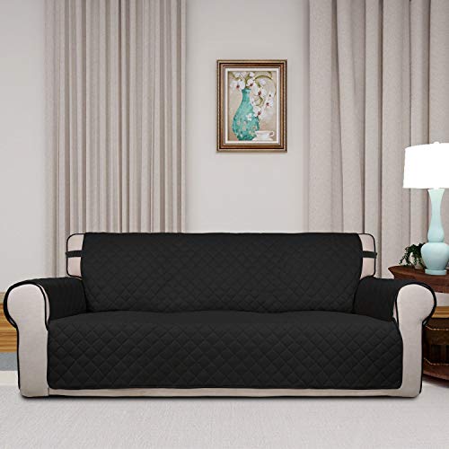 Image of PureFit Reversible Quilted Sofa Cover, Water Resistant Slipcover Furniture Protector, Washable Couch Cover with Non Slip Foam and Elastic Straps for Kids, Dogs, Pets (Oversized Sofa, Black /Beige)