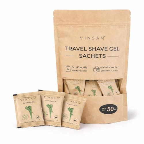 Image of Pack-50 4gm Herbal Shave Gel Sustainable Travel Shaving Gel Sachets - Plastic-free, Biodegradable in Eco-Friendly Kraft Pouch - Ideal for Hotels, Guests, Travel Kits - Smooth Glide Formula