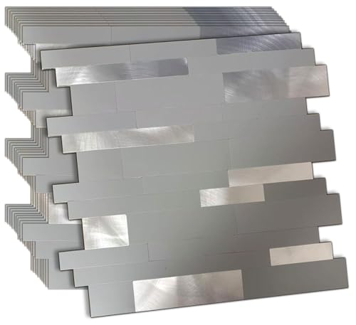 sanyeskkiy 10-Sheet Peel and Stick Backsplash Tile, PVC Mixed Meta,l Stick on Kitchen, Bathroom Vanities, Fireplace Décor, Laundry Table(Grey+Frosted Silver)