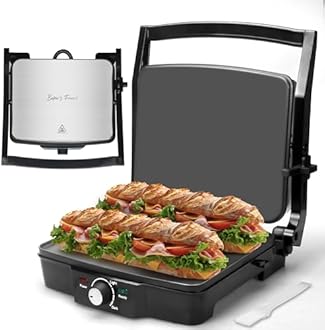 Baker's Friend Panini Press Electric Griddle, Panini Grill Press Sandwich Maker Press, Grilled Cheese Maker, Sandwichera Electrical, Browning Control, Non Stick Surfaces, 4-Slices, Stainless Steel