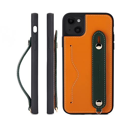 iPhone 14 Plus ケース 本革 グリップケース レザー ストラップ付属 イタリア製牛革 ヌメ革 片手操作 カード収納 スタンド機能 メンズ レディース オレンジ/グリーン CGH-14Plus-Orange-GN