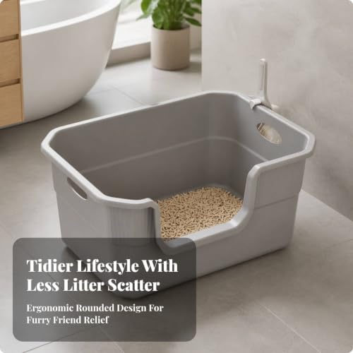 Image of Splash-Reducing PP ABS Cat Litter Box with Scoop Anti-Splashing High-Sided Cat Litter Box with Carrying Handles Easy to Petfresh Toilet Sturdy for Kittens, Home, Beige, Medium Handle
