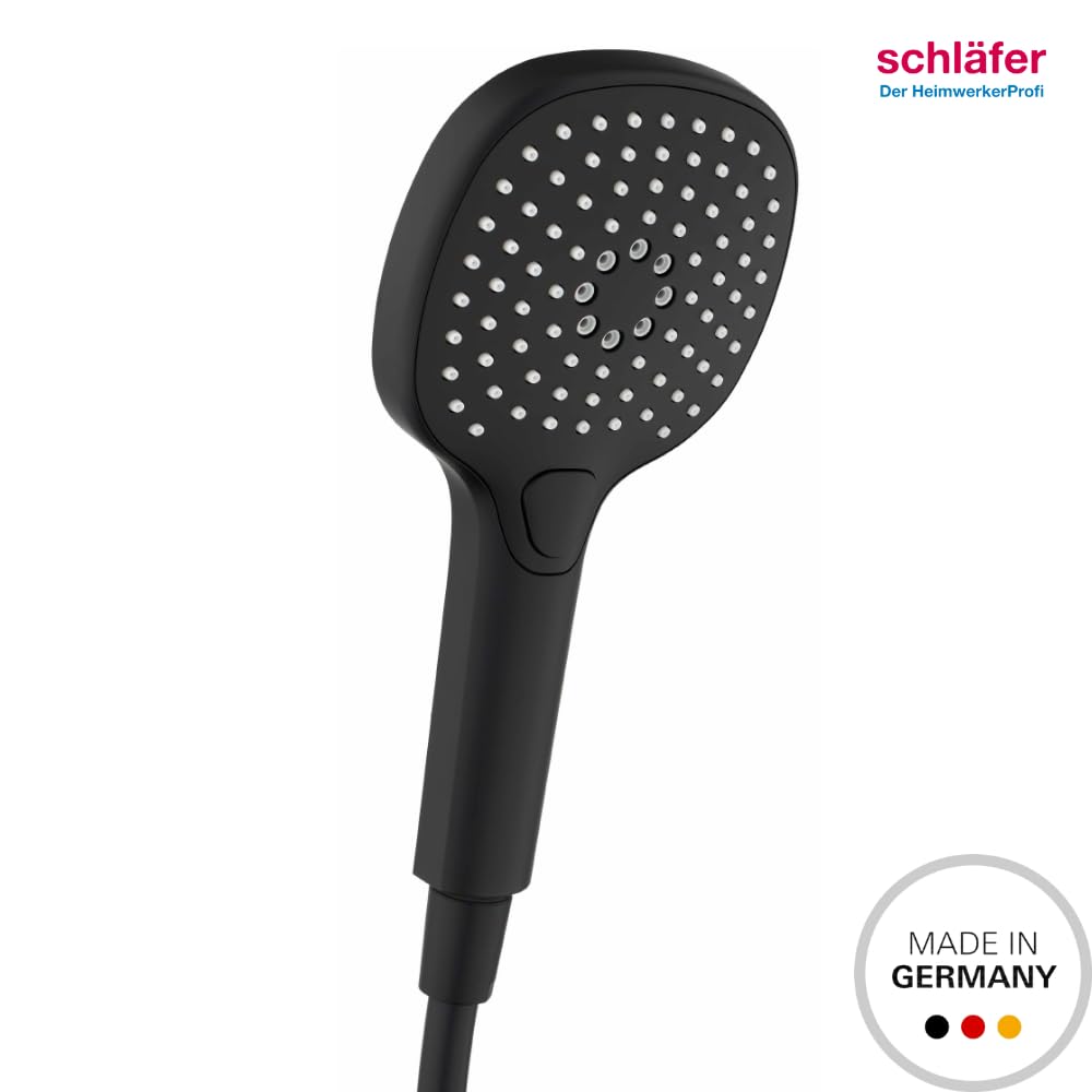 Schläfer 1303500 | Alcachofa de ducha cuadrada con tubo negro mate, juego de alcachofa de ducha con flexible y soporte, alcachofa de ducha universal multichorro cuadrada alta presión, ducha con botón