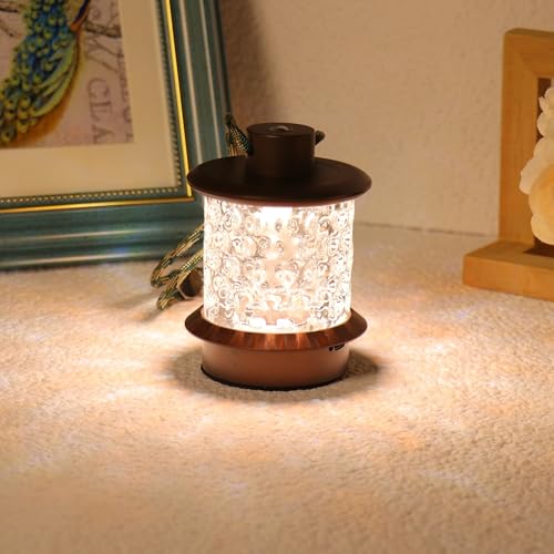 HAPYGI Portable Lantern Table Lamp - Dimmable Cordless Night Light with 3 Color Temperatures, Rechargeable Metal & Glass Outdoor Indoor Lamp for Patio Bedroom Bathroom Decor (Coffee)