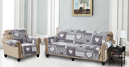 Brilliant Sunshine Grey Heart Love Patchwork Couch Cover, Quilted Large Sofa Slipcover, 70" Seat Width, Slip Resistant Furniture Protector, 2" Strap, Washable Couch Cover For Pets, Kids, Dogs, Grey #TOP1