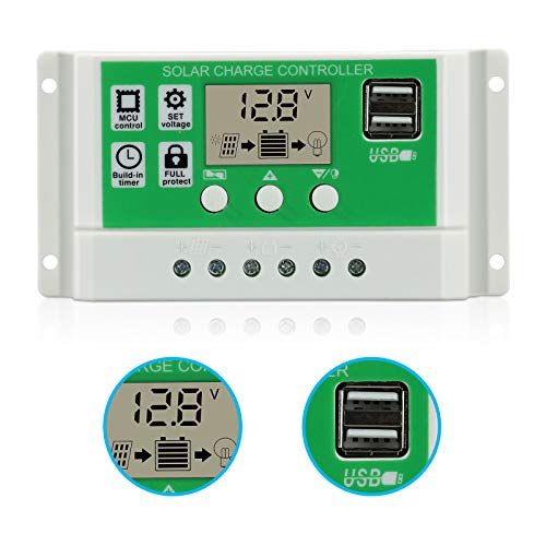 PowMr 10a PWM Charge Controller, 12V 24V Solar Controller 10amp with Dual USB Port Charge Regulator