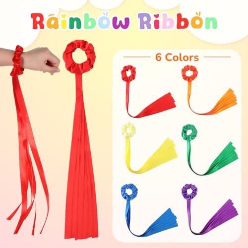 Image of VioraWhite 24 Pcs Rainbow Dance Ribbons for Kids Rainbow Rhythm Ribbons Elastic Wrist Streamers Hand Held Rhythm Streamers Gymnastics Dance Party Props for Adult Decor (0.8 x 19.7 Inch