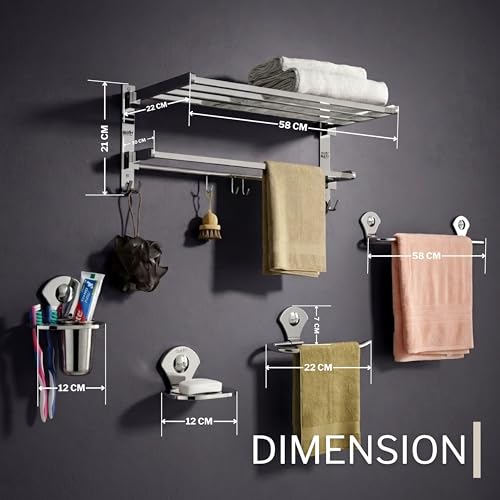 Image of GLOXY Premium Stainless Steel Bathroom Accessories Set Combo Pack of 5 Includes Folding Towel Rack, Toothbrush /Tumbler Holder, Towel Ring /Napkin Holder, Towel Rod /Bars and Soap Holder /Dish