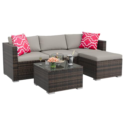 Image of GAOMON 5 Pieces Patio Furniture Sets All Weather Outdoor Sectional Patio Sofa Manual Weaving Wicker Rattan Patio Seating Sofas with Cushion and Glass Table