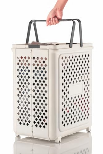 Image of Plastic Foldable Laundry Basket with Wheels 45L | Small Size | Collapsible Laundry Hamper & Toy Storage Basket 46 X 36 X 28CM | Laundry & Home Organization