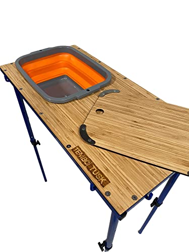 TEMBOTUSK Bamboo Camp Table Basin Kit, with Adjustable Legs, and Carry Bag