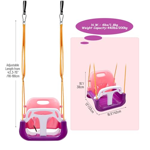 Image of RedSwing 3-in-1 Baby Swing Seat, Toddler Swings, Anti-Flip Snug & Secure Detachable Infants to Teens Kids Swing Seat for Outside Playground, Purple Pink White
