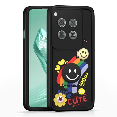 Image of Pikkme Back Cover for OnePlus 12 5G | Soft Silicone| Cute Rainbow Smile & 3D Cartoon Flower Design | Shockproof Raised Camera Protection Bumper Case (Black)