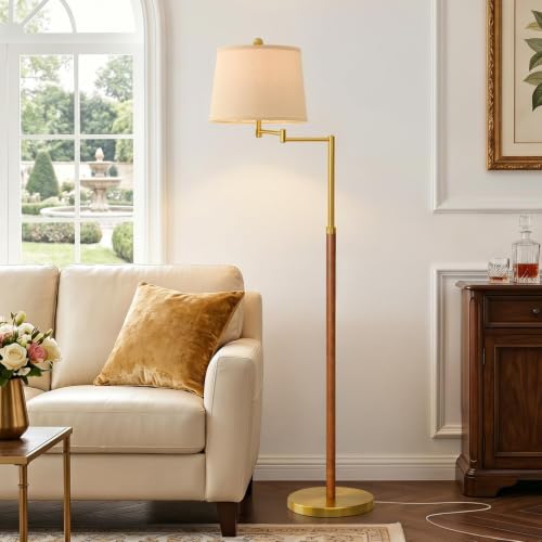 Image of G-SAFAVA Real Wood Floor Lamps for Living Room Bedroom, 61 inch Floor Lamp with 350 Adjustable Swing Arm Vintage Lamps for Living Room