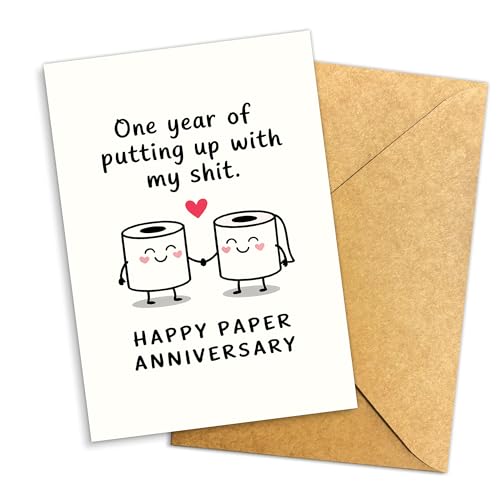 Podagree Funny Paper Anniversary Card for Husband Wife Boyfriend Girlfriend, One Year of Putting Up With My Shit Toilet Paper Pun, 1st Anniversary Humor Gift – 8x5.3 Inch with Envelope