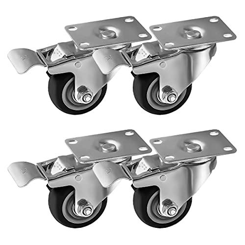 4 Pack Caster Wheels Swivel Plate Brake Casters On Black Polyurethane Wheels (3 inch with Brake)