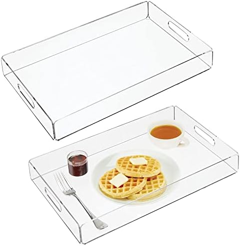 mDesign Modern Acrylic Rectangular Serving Tray with Built-in Handles for Food, Tea, Coffee, Breakfast, Snacks, Cheese, Appetizers - Use in Kitchen, Bathroom, Office - Medium, 2 Pack - Clear