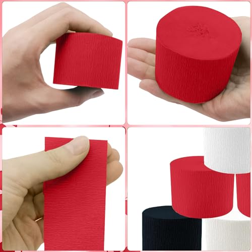 Image of Crepe Paper Streamers 6 Rolls 492ft, Red Black and White Crepe Paper Decorations for Graduations Birthday DIY Gift Wrapping Holiday Party Decor, 1.77 Inch x 82 Ft /Roll